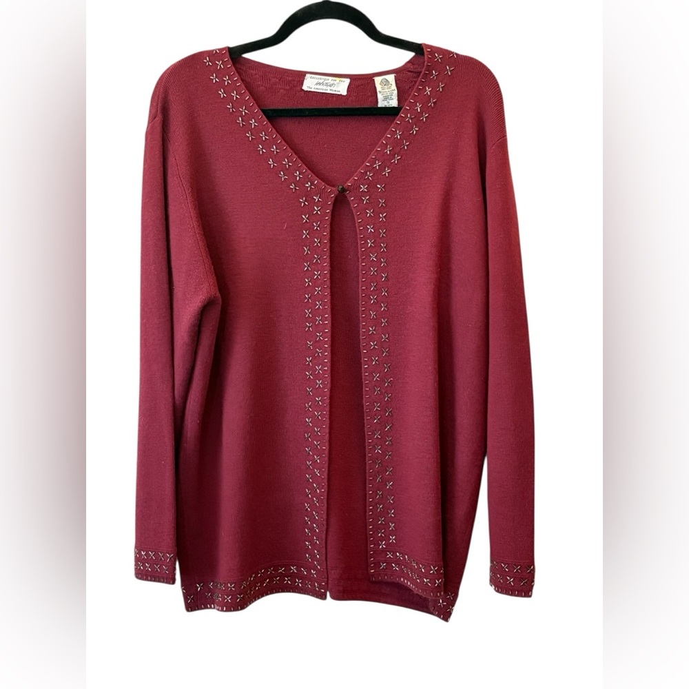 Lord and Taylor Merino Wool Burgundy Cardigan Sweater Accents